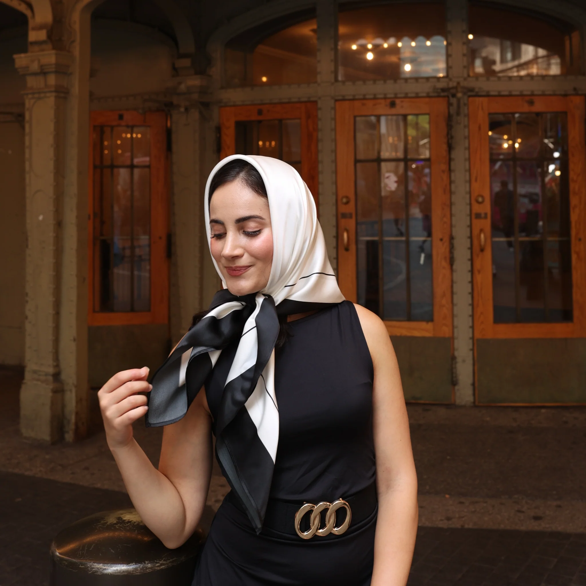 Silk Square Head Scarf - Black/Ivory - Image 8