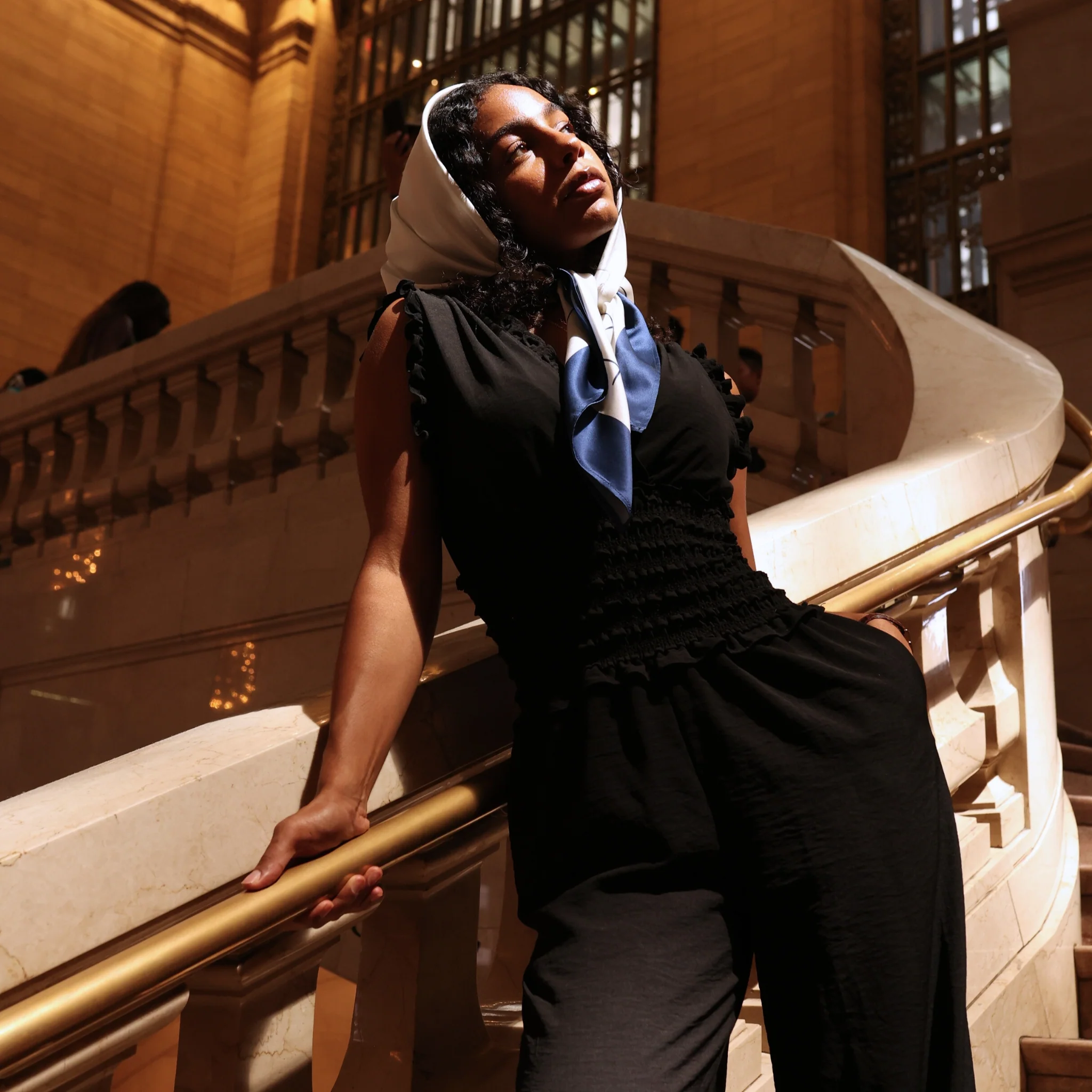 Silk Square Head Scarf - Navy/Ivory - Image 7