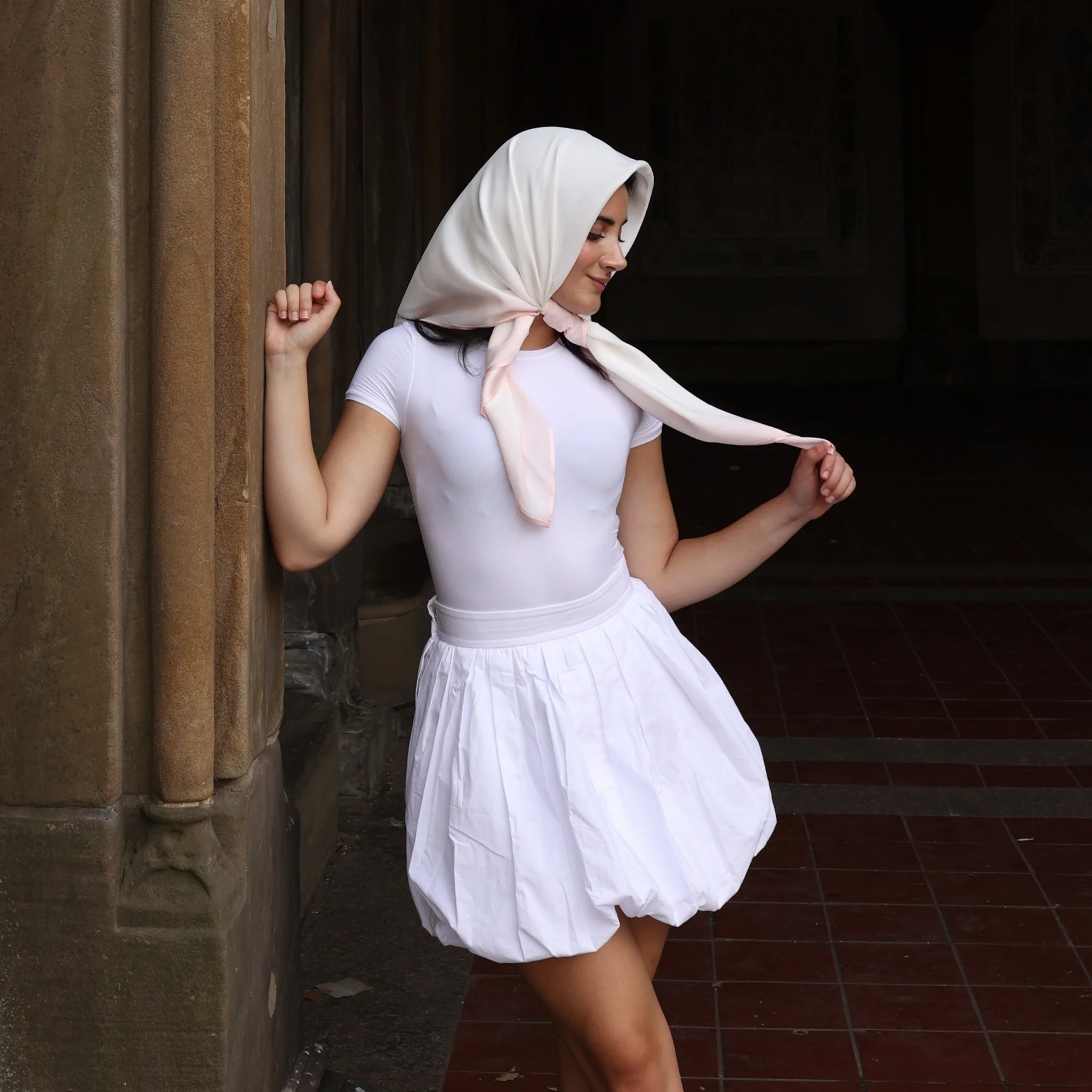 Silk Square Head Scarf - Pink/Ivory - Image 6